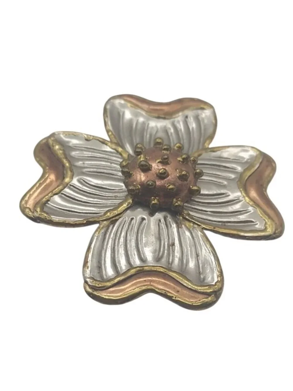 Brutalist Dogwood Flower Three Tone Metal Brooch Pin Pendant Signed SJ Vintage